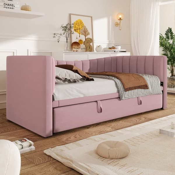 Stoppad bäddsoffa 90 x 200 cm / 180 x 200 cm - med utdragbar säng - sammet - rosa (madrass ingår ej)