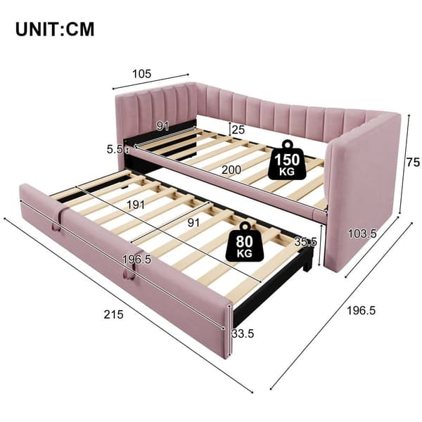 Stoppad bäddsoffa 90 x 200 cm / 180 x 200 cm - med utdragbar säng - sammet - rosa (madrass ingår ej)