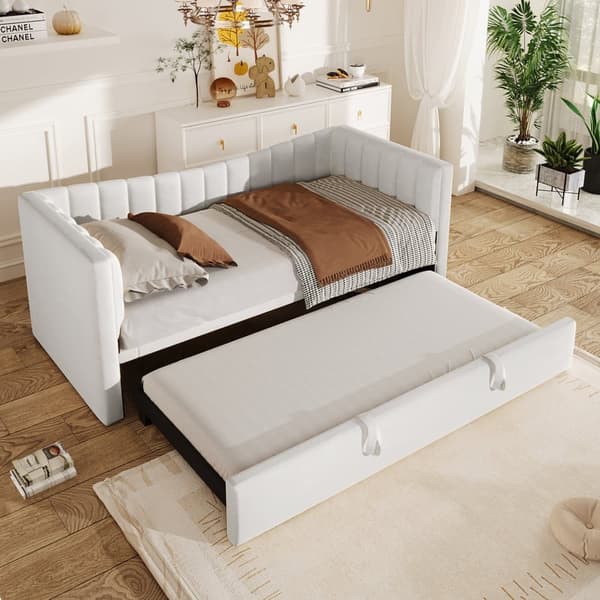 Polstret sovesofa 90 x 200 cm / 180 x 200 cm - med udtræksseng - velour - hvid (madras medfølger ikke)