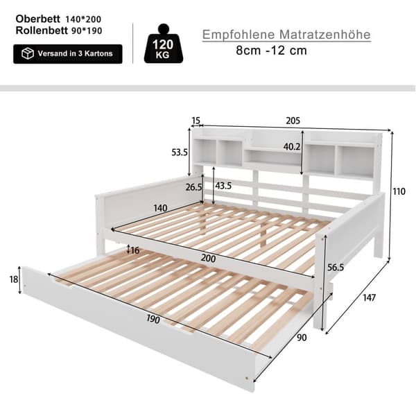 Nestsoffa 140x200 cm - nestsäng 90x190 cm - med förvaringsutrymme - lamellram - massiv furu - vit (madrass ingår ej)
