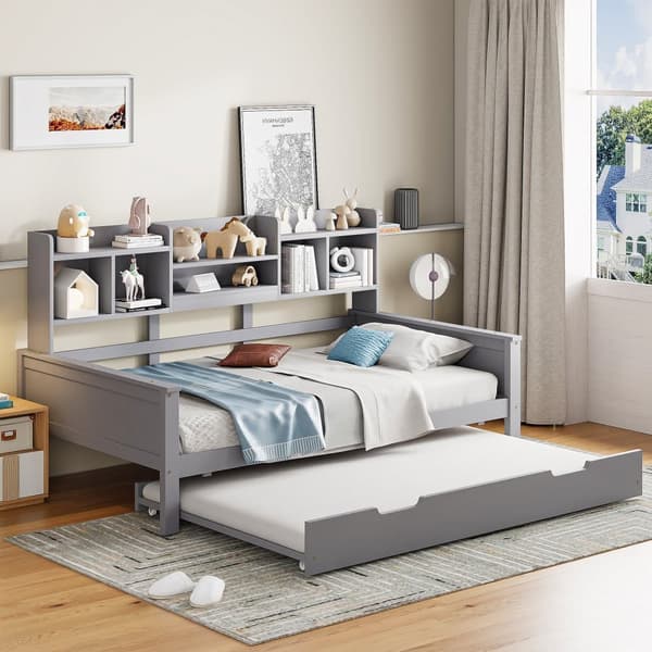 Nest sofa 90x200 cm - redeseng 90x190 cm - med opbevaringsplads - lamelramme - massivt fyrretræ - grå (madras medfølger ikke)