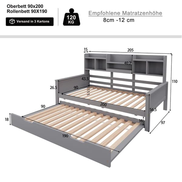 Nest sofa 90x200 cm - redeseng 90x190 cm - med opbevaringsplads - lamelramme - massivt fyrretræ - grå (madras medfølger ikke)