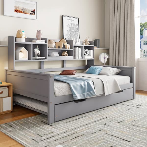 Nest sofa 90x200 cm - redeseng 90x190 cm - med opbevaringsplads - lamelramme - massivt fyrretræ - grå (madras medfølger ikke)
