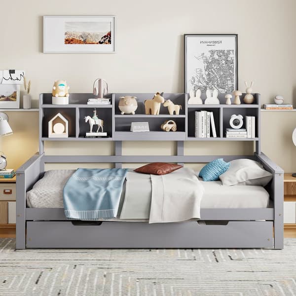 Nest sofa 90x200 cm - redeseng 90x190 cm - med opbevaringsplads - lamelramme - massivt fyrretræ - grå (madras medfølger ikke)