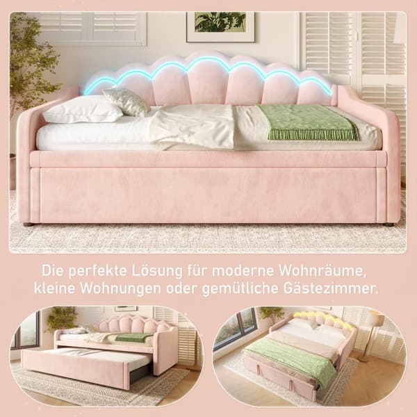 Sovesofa 90x200/180x200 cm - med sovesofa - med LED-lys - velour - pink (madras medfølger ikke)