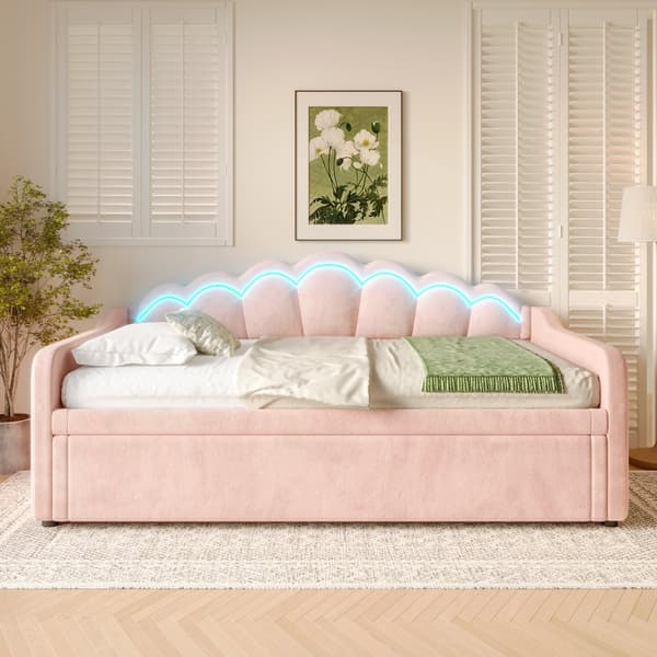 Sovesofa 90x200/180x200 cm - med sovesofa - med LED-lys - velour - pink (madras medfølger ikke)