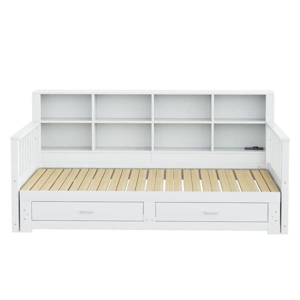Sammenklappelig sovesofa i massivt træ 90/180x190 cm - med strømtilslutning - med opbevaringsplads - med 2 skuffer - sengeramme med lamelramme - hvid