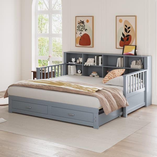 Hopfällbar soffa i massivt trä 90/180x190 cm - med elanslutning - med förvaringsutrymme - med 2 lådor - sängram med lamellram - grå (madrass ingår ej)