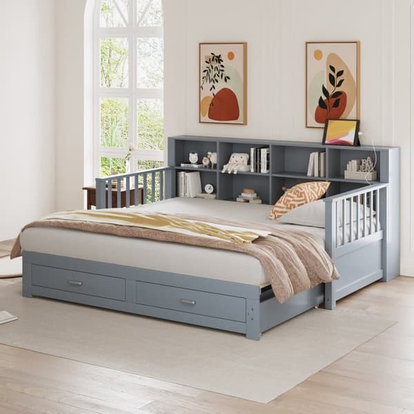 Hopfällbar soffa i massivt trä 90/180x190 cm - med elanslutning - med förvaringsutrymme - med 2 lådor - sängram med lamellram - grå (madrass ingår ej)