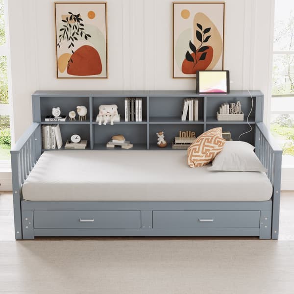 Hopfällbar soffa i massivt trä 90/180x190 cm - med elanslutning - med förvaringsutrymme - med 2 lådor - sängram med lamellram - grå (madrass ingår ej)