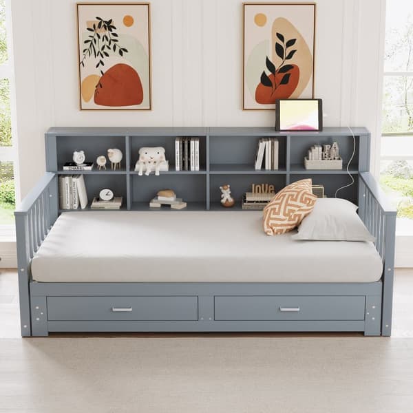 Hopfällbar soffa i massivt trä 90/180x190 cm - med elanslutning - med förvaringsutrymme - med 2 lådor - sängram med lamellram - grå (madrass ingår ej)