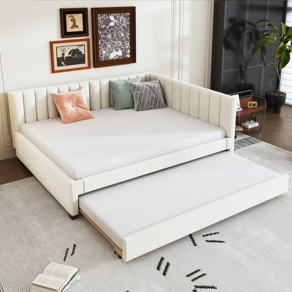 Stoppad dagbädd 140x200 cm - med utdragbar säng 90x190cm - sammetstyg - beige