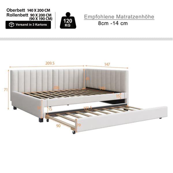 Stoppad dagbädd 140x200 cm - med utdragbar säng 90x190cm - sammetstyg - beige