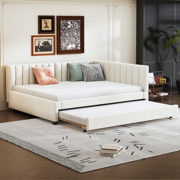 Stoppad dagbädd 140x200 cm - med utdragbar säng 90x190cm - sammetstyg - beige