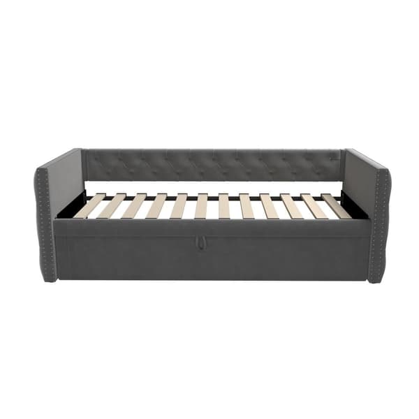Sammetsklädd utdragbar säng - 90/180 x 200 cm - med lamellram - grå