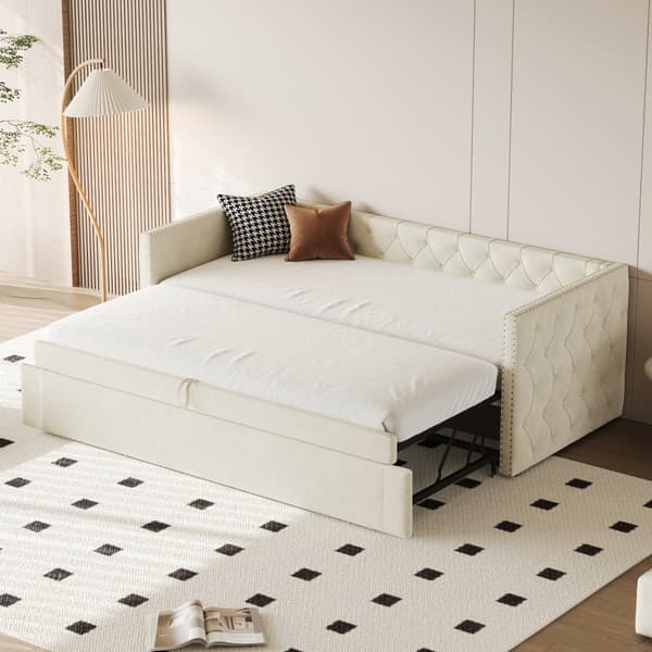 Udtræksseng i fløjl - 90/180 x 200 cm - med lamelramme - Beige