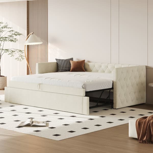 Udtræksseng i fløjl - 90/180 x 200 cm - med lamelramme - Beige