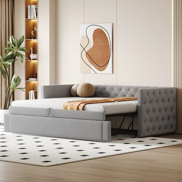 Sammetsklädd utdragbar säng - 90/180 x 200 cm - med lamellram - ljusgrå