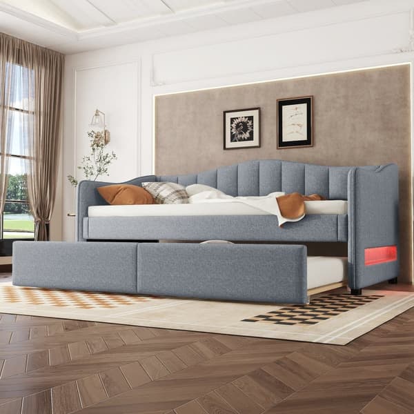90 x 200 cm daybed med LED + 90 x 190 cm udtræksseng - betrukket med hørstof - grå (madras medfølger ikke)