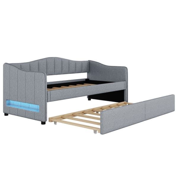 90 x 200 cm daybed med LED + 90 x 190 cm udtræksseng - betrukket med hørstof - grå (madras medfølger ikke)