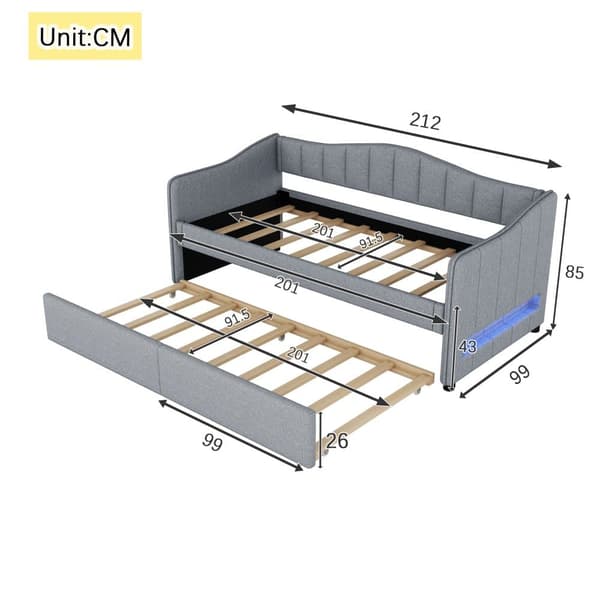 90 x 200 cm daybed med LED + 90 x 190 cm udtræksseng - betrukket med hørstof - grå (madras medfølger ikke)