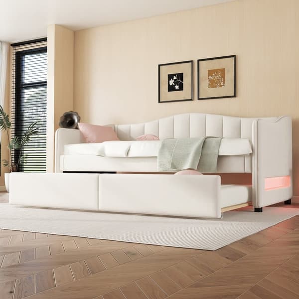 90 x 200 cm dagbädd med LED + 90 x 190 cm utdragbar säng - klädd med linnetyg - beige (madrass ingår ej)