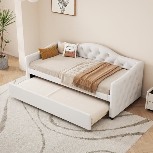 Daybed 90 x 200 cm + udtræksseng 90 x 190 cm - betrukket med hørstof - beige (madras medfølger ikke)