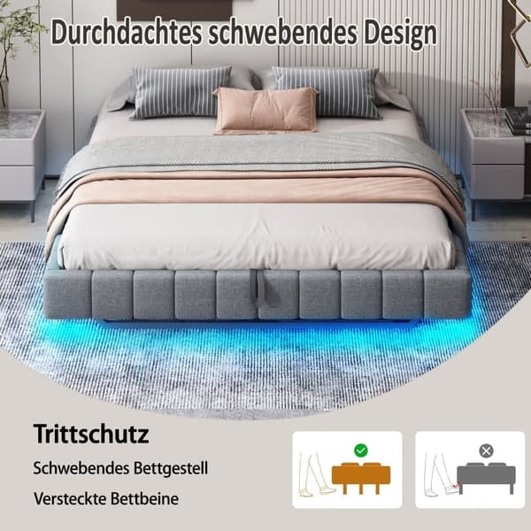 Polstret seng med opbevaringsplads 160x200 cm - uden sengegavl - med LED-belysning - linned - grå (madras medfølger ikke)