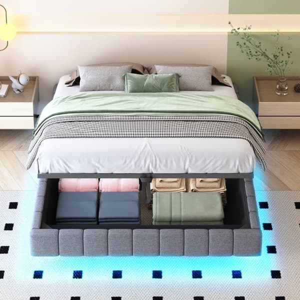 Polstret seng med opbevaringsplads 160x200 cm - uden sengegavl - med LED-belysning - linned - grå (madras medfølger ikke)
