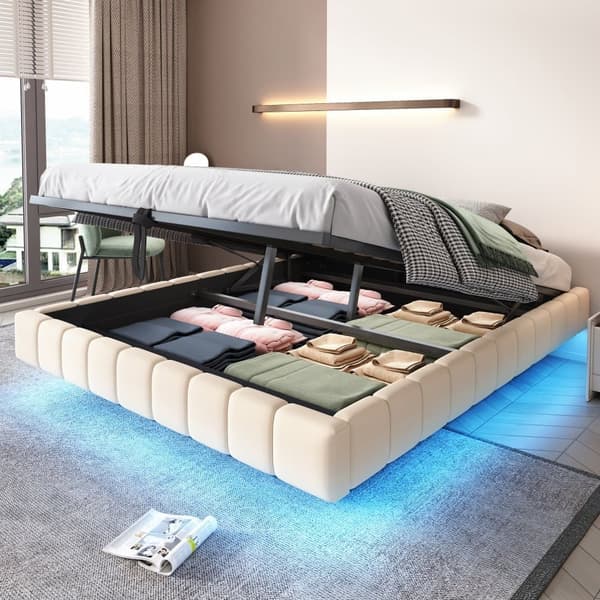 Polstret seng med opbevaringsplads 160x200 cm - uden sengegavl - med LED-belysning - linned - beige (madras medfølger ikke)