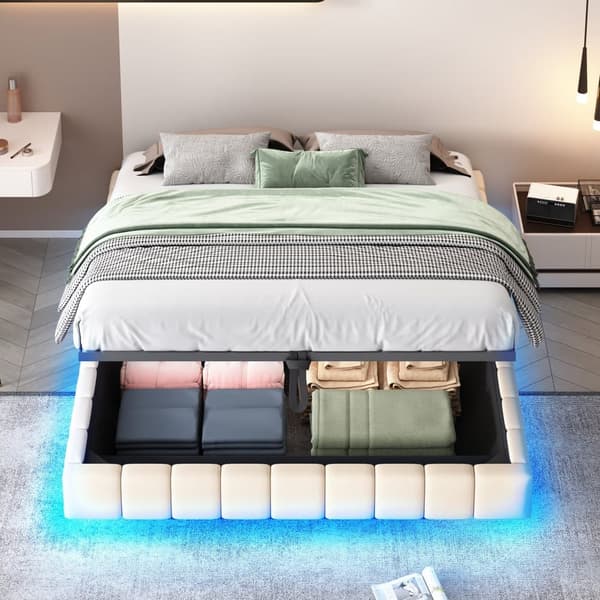 Polstret seng med opbevaringsplads 160x200 cm - uden sengegavl - med LED-belysning - linned - beige (madras medfølger ikke)