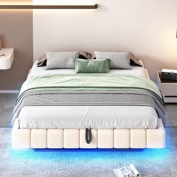 Polstret seng med opbevaringsplads 160x200 cm - uden sengegavl - med LED-belysning - linned - beige (madras medfølger ikke)