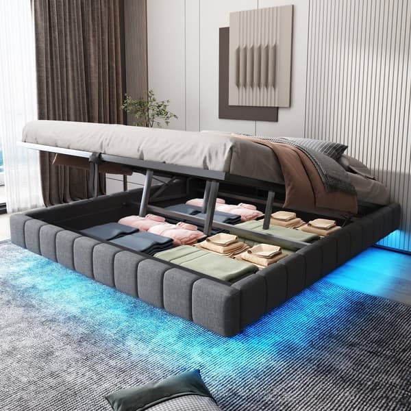 Polstret seng med opbevaringsplads 180x200 cm - uden sengegavl - med LED-belysning - linned - grå (madras medfølger ikke)