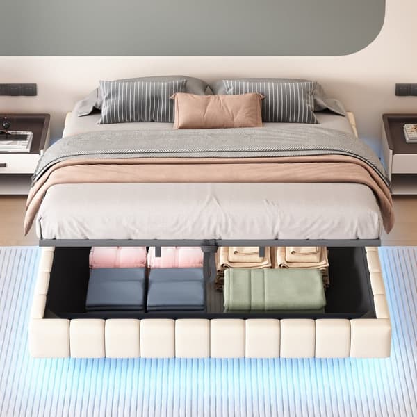 Polstret seng med opbevaringsplads 180x200 cm - uden sengegavl - med LED-belysning - linned - beige (madras medfølger ikke)