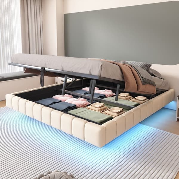 Polstret seng med opbevaringsplads 180x200 cm - uden sengegavl - med LED-belysning - linned - beige (madras medfølger ikke)