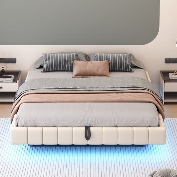 Polstret seng med opbevaringsplads 180x200 cm - uden sengegavl - med LED-belysning - linned - beige (madras medfølger ikke)