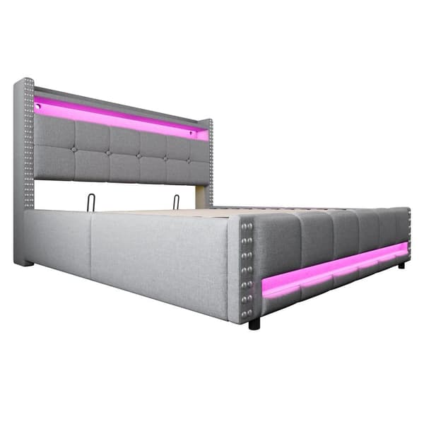 Polstret seng med bryst 160x200 cm - med LED-belysning + USB-tilslutning - med hylder - Linned - Grå (madras medfølger ikke)