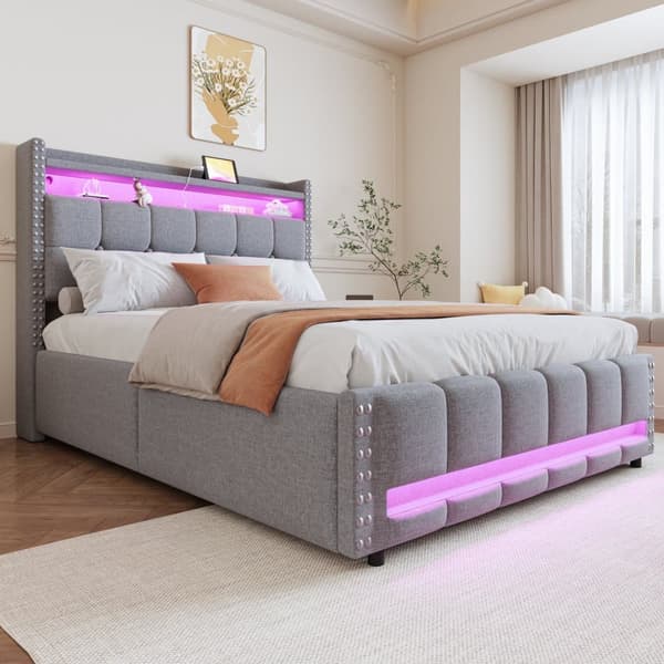 Stoppad säng med bröstkorg 140x200 cm - med LED-belysning + USB-anslutning - med hyllor - Linne - Grå (madrass ingår ej)