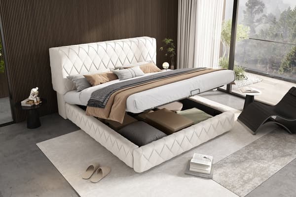 Dobbeltseng 160 x 200 cm - Polstret seng - Velour - Sengeramme med lameller - Beige (madras medfølger ikke)