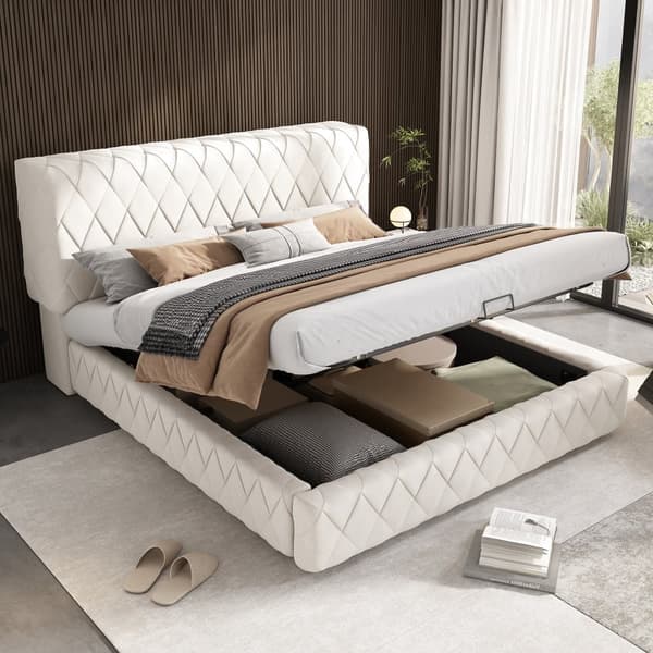 Dobbeltseng 160 x 200 cm - Polstret seng - Velour - Sengeramme med lameller - Beige (madras medfølger ikke)