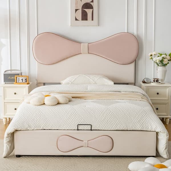 Polstret seng med skuffe 140x200 cm - med buet hovedgærde - metalramme sommier à lattes - sengeramme med opbevaringsplads - fløjl - beige + pink