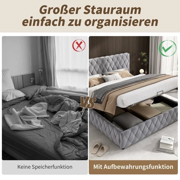 Dobbeltseng 160 x 200 cm - Polstret seng - Velour - Sengeramme med fjederbund - grå (madras medfølger ikke)