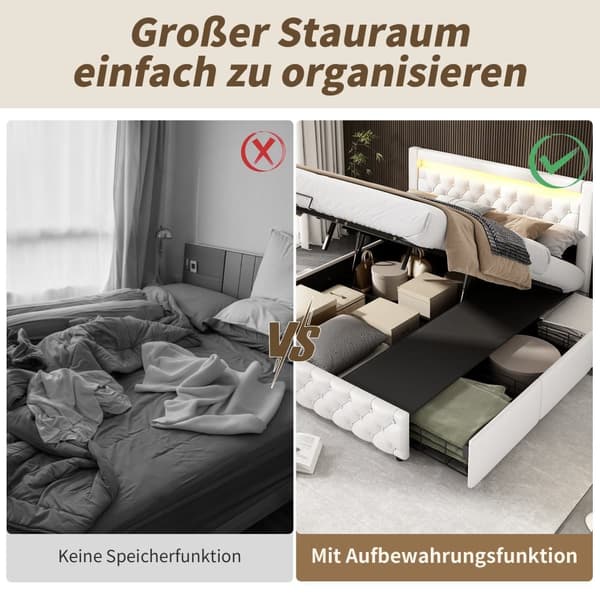 Polstret seng - sovesofa 160 x 200 cm - dobbeltseng - med skuffer - med LED-belysning - med sengeramme med lamelramme - PU - hvid