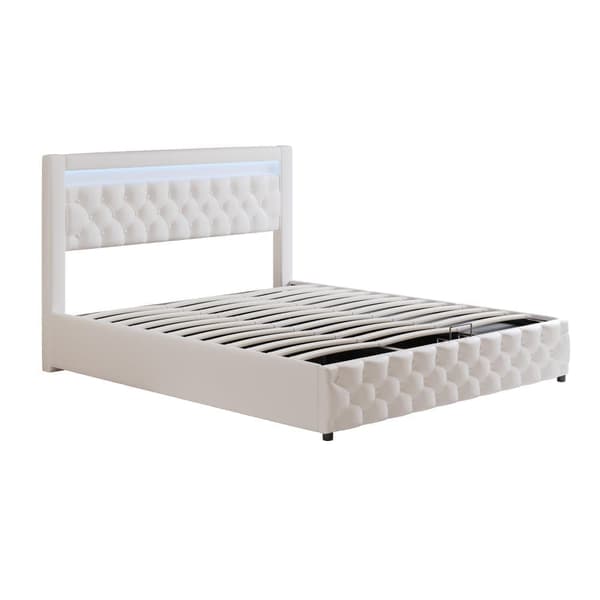 Polstret seng - sovesofa 160 x 200 cm - dobbeltseng - med skuffer - med LED-belysning - med sengeramme med lamelramme - PU - hvid