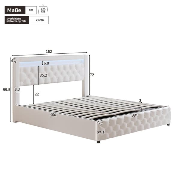 Polstret seng - sovesofa 160 x 200 cm - dobbeltseng - med skuffer - med LED-belysning - med sengeramme med lamelramme - PU - hvid