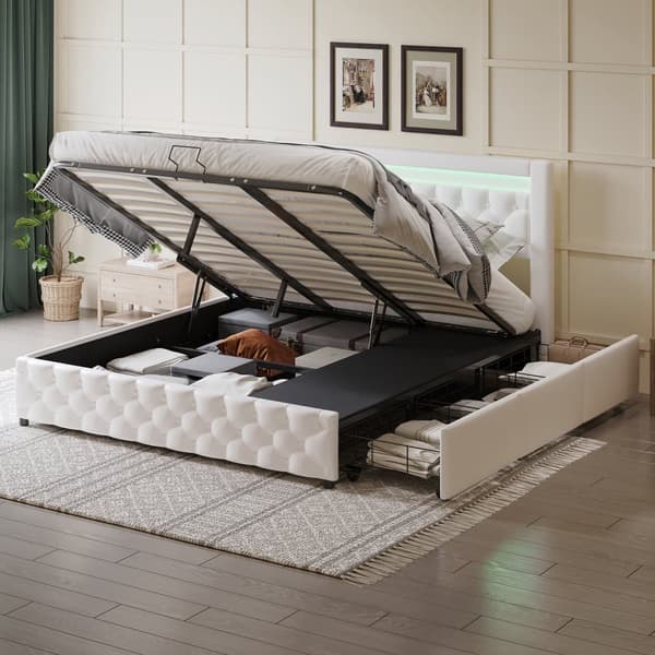 Polstret seng - sovesofa 160 x 200 cm - dobbeltseng - med skuffer - med LED-belysning - med sengeramme med lamelramme - PU - hvid