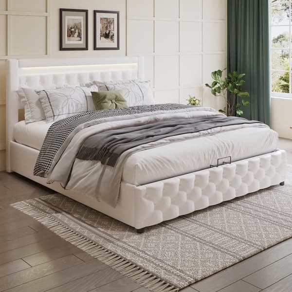 Polstret seng - sovesofa 160 x 200 cm - dobbeltseng - med skuffer - med LED-belysning - med sengeramme med lamelramme - PU - hvid