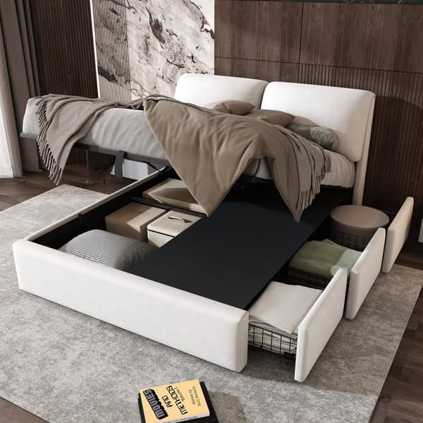 Stoppad säng 140x190 cm - med tre lådor - sängram med lamellram - sammet - beige (madrass ingår ej)