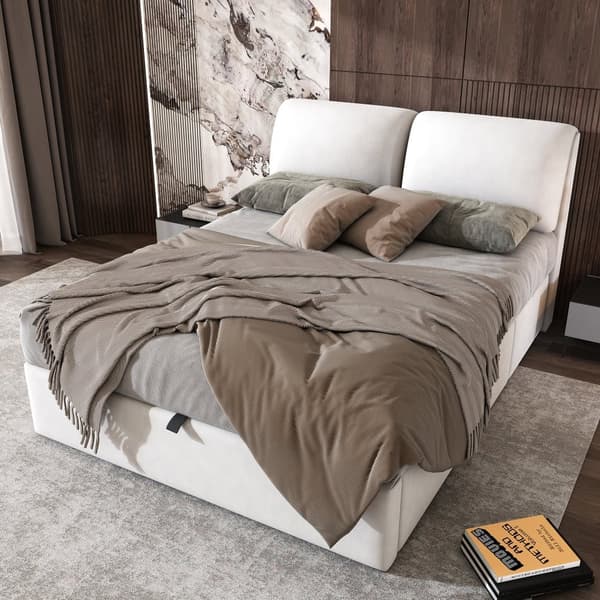 Polstret seng 140x190 cm - med tre skuffer - sengeramme med lamelramme - fløjl - beige (madras medfølger ikke)
