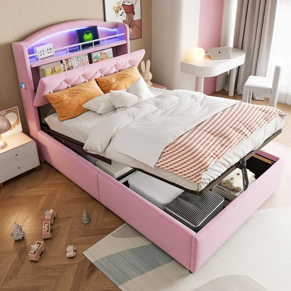 Børneseng med sengebund 90x200cm - fløjl - - med LED - med USB - pink (madras medfølger ikke)